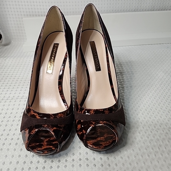 PeepToe Pumps Brown Cone High Heels,Suede size 6.5 Gold Metallic Accent BodyCon - Picture 6 of 12